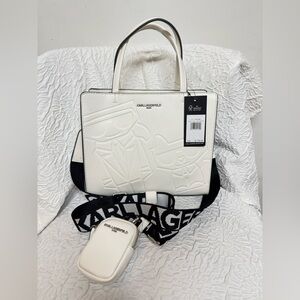 NWT Karl Lagerfeld $198 Paris WHITE MAYBELLE Crossbody Purse/Dust Bag CHOUPETTE